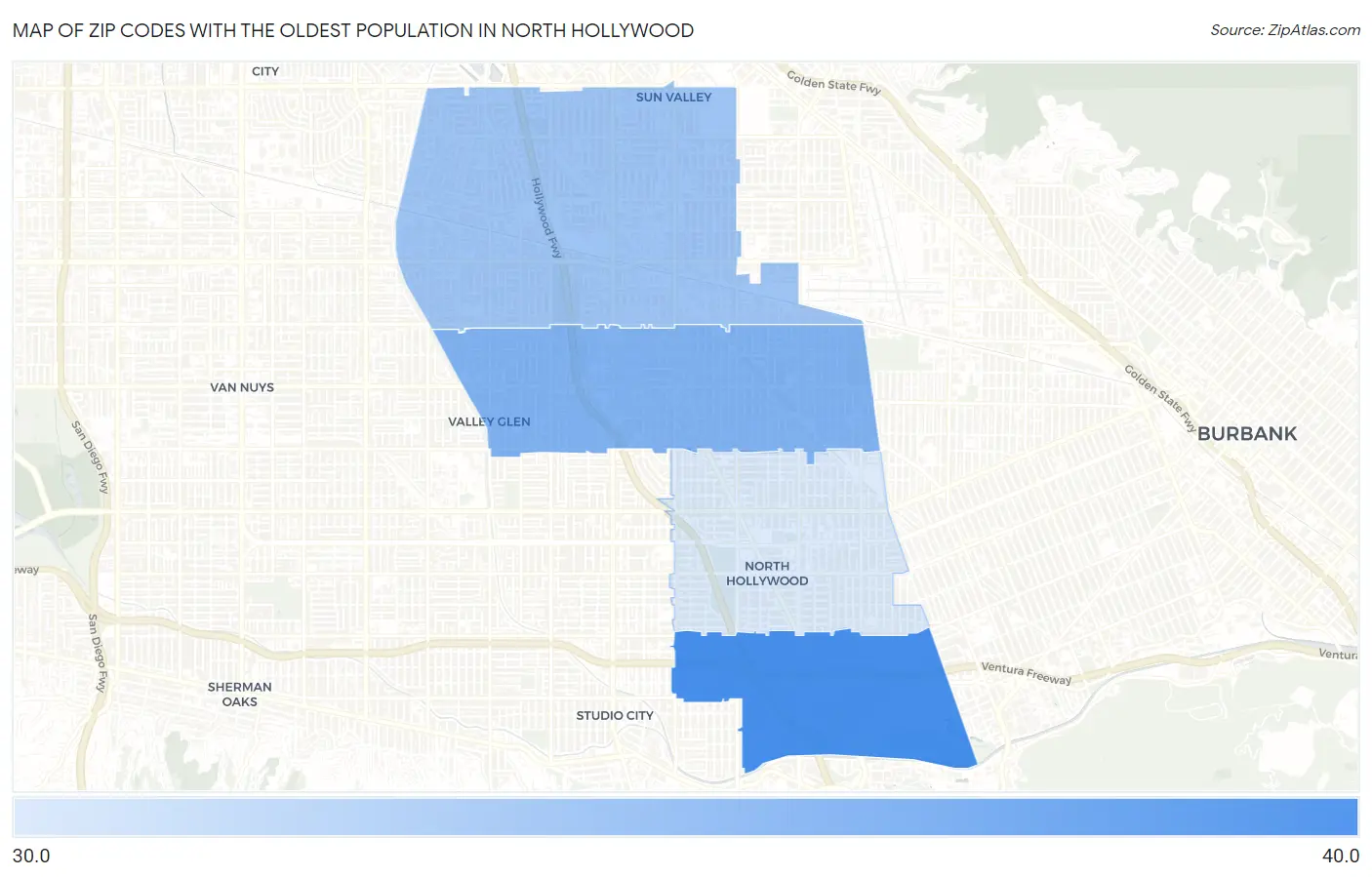 Zip Codes with the Oldest Population in North Hollywood Map