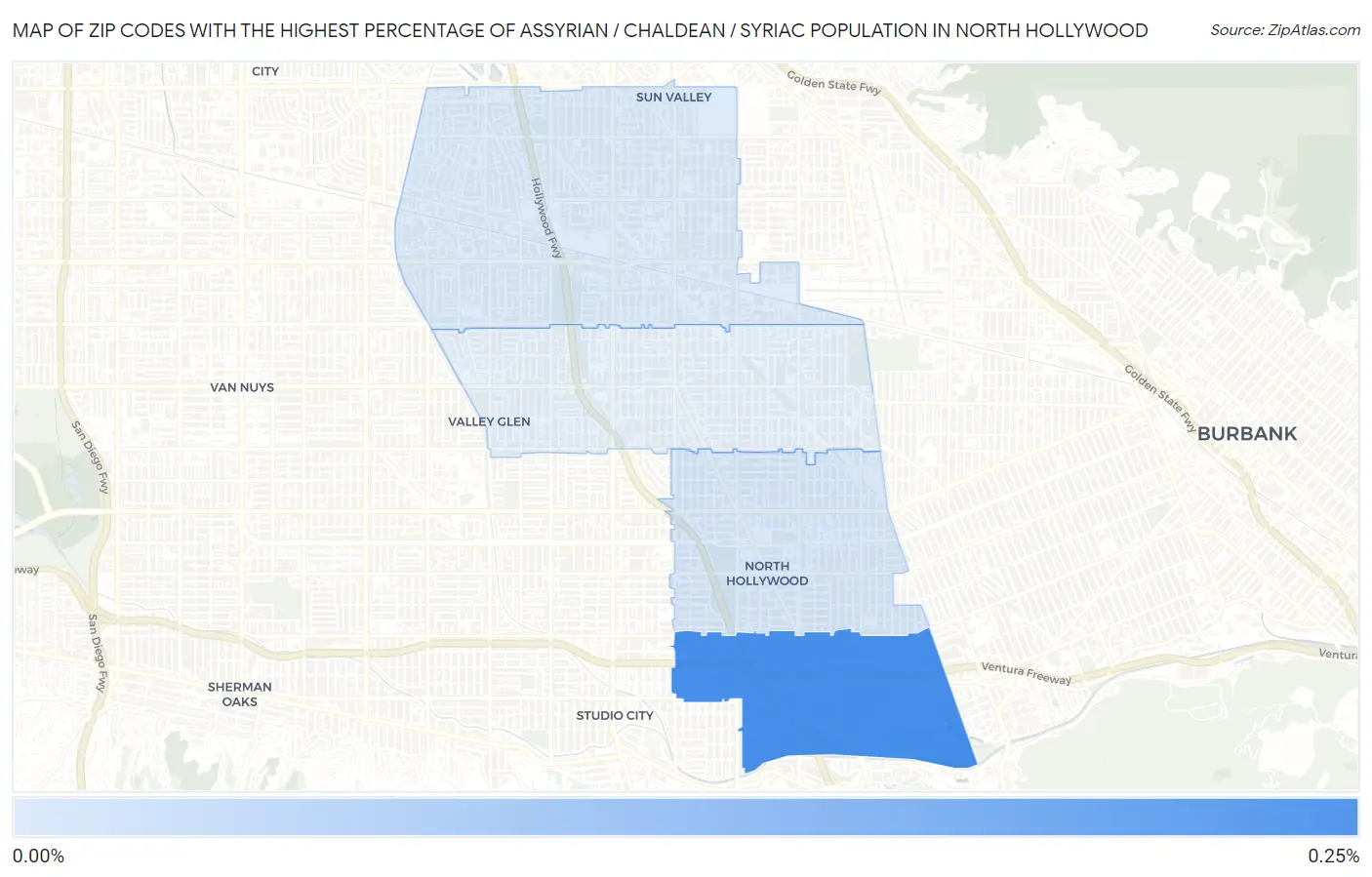 Zip Codes with the Highest Percentage of Assyrian / Chaldean / Syriac Population in North Hollywood Map