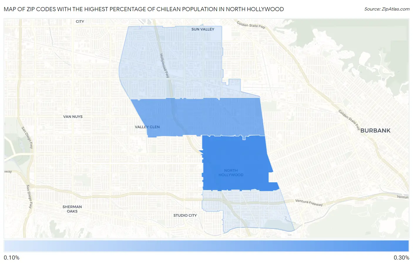 Zip Codes with the Highest Percentage of Chilean Population in North Hollywood Map