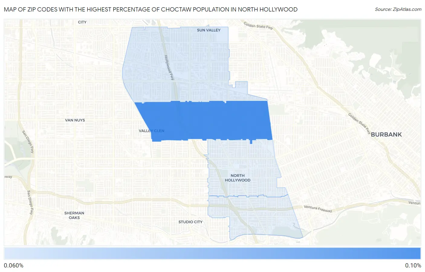 Zip Codes with the Highest Percentage of Choctaw Population in North Hollywood Map