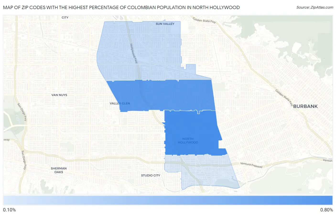 Zip Codes with the Highest Percentage of Colombian Population in North Hollywood Map