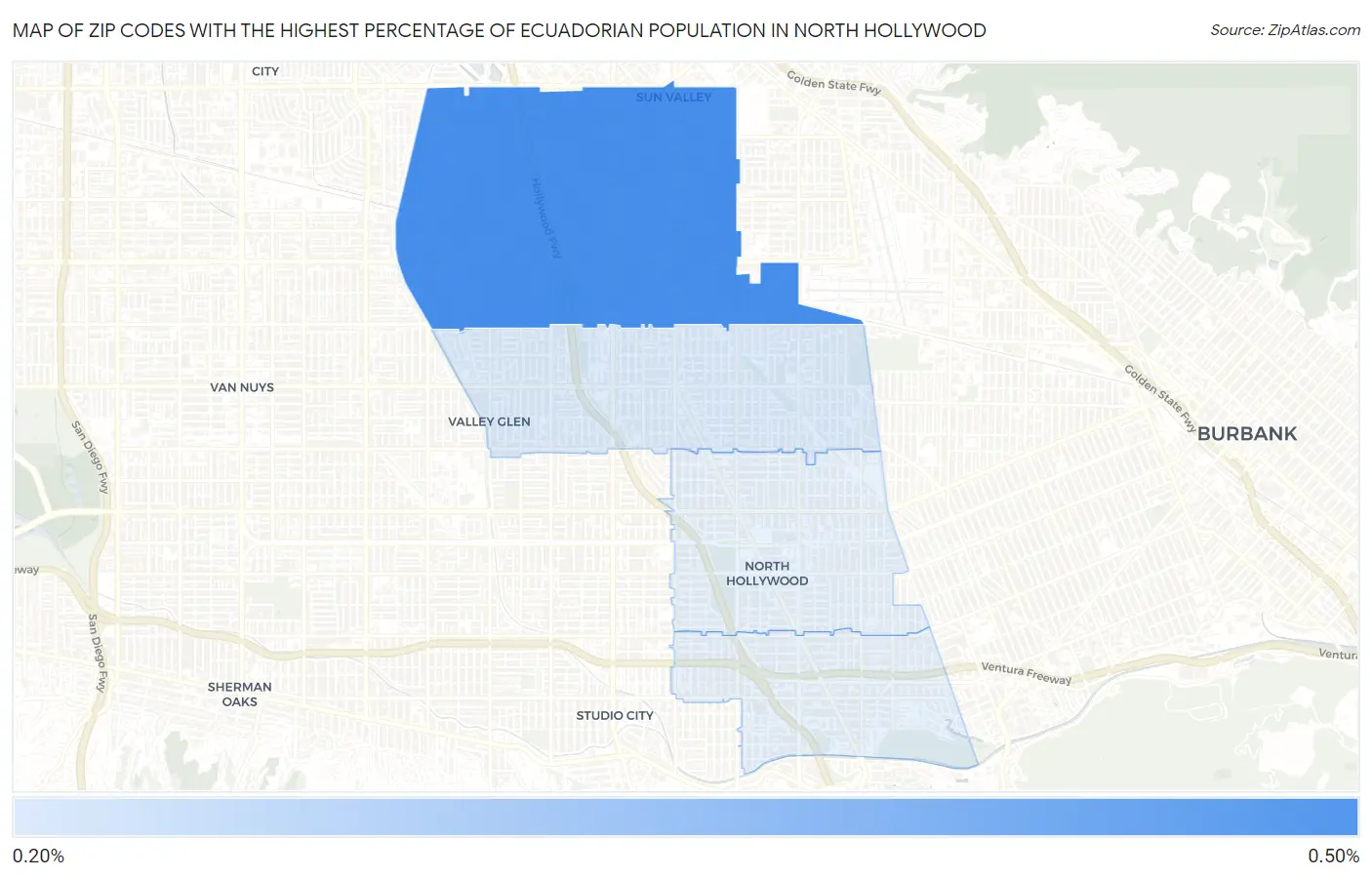 Zip Codes with the Highest Percentage of Ecuadorian Population in North Hollywood Map