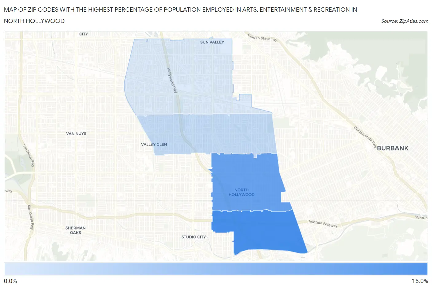 Zip Codes with the Highest Percentage of Population Employed in Arts, Entertainment & Recreation in North Hollywood Map