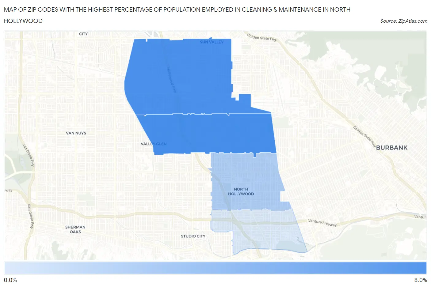 Zip Codes with the Highest Percentage of Population Employed in Cleaning & Maintenance in North Hollywood Map