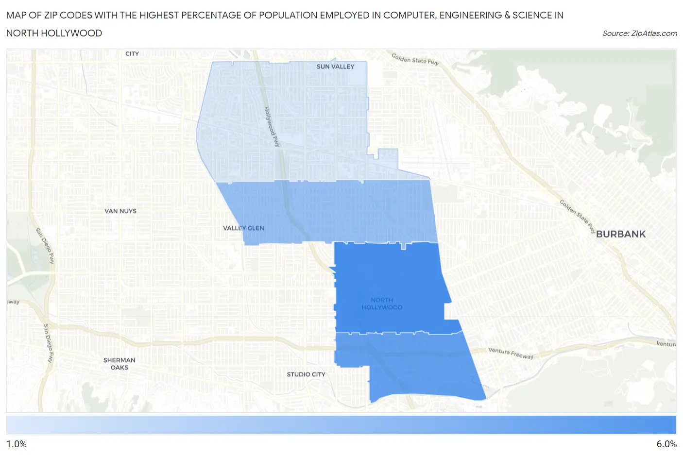 Zip Codes with the Highest Percentage of Population Employed in Computer, Engineering & Science in North Hollywood Map