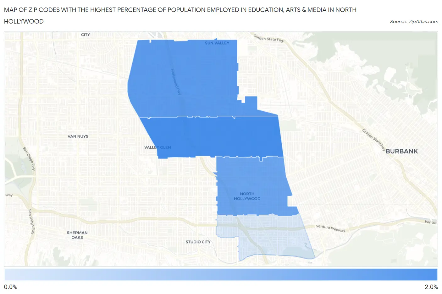 Zip Codes with the Highest Percentage of Population Employed in Education, Arts & Media in North Hollywood Map