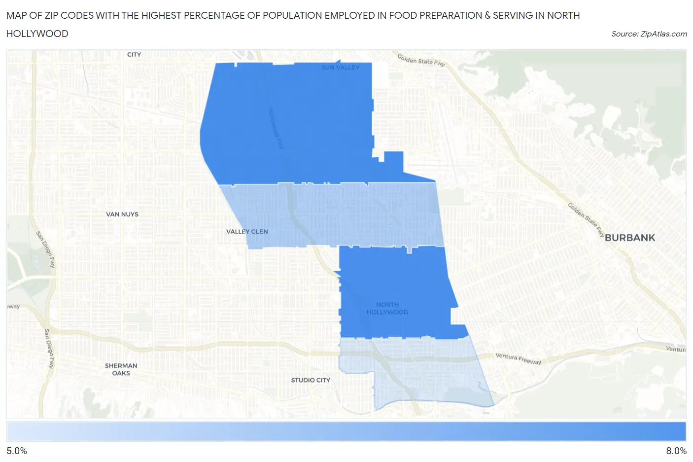 Zip Codes with the Highest Percentage of Population Employed in Food Preparation & Serving in North Hollywood Map