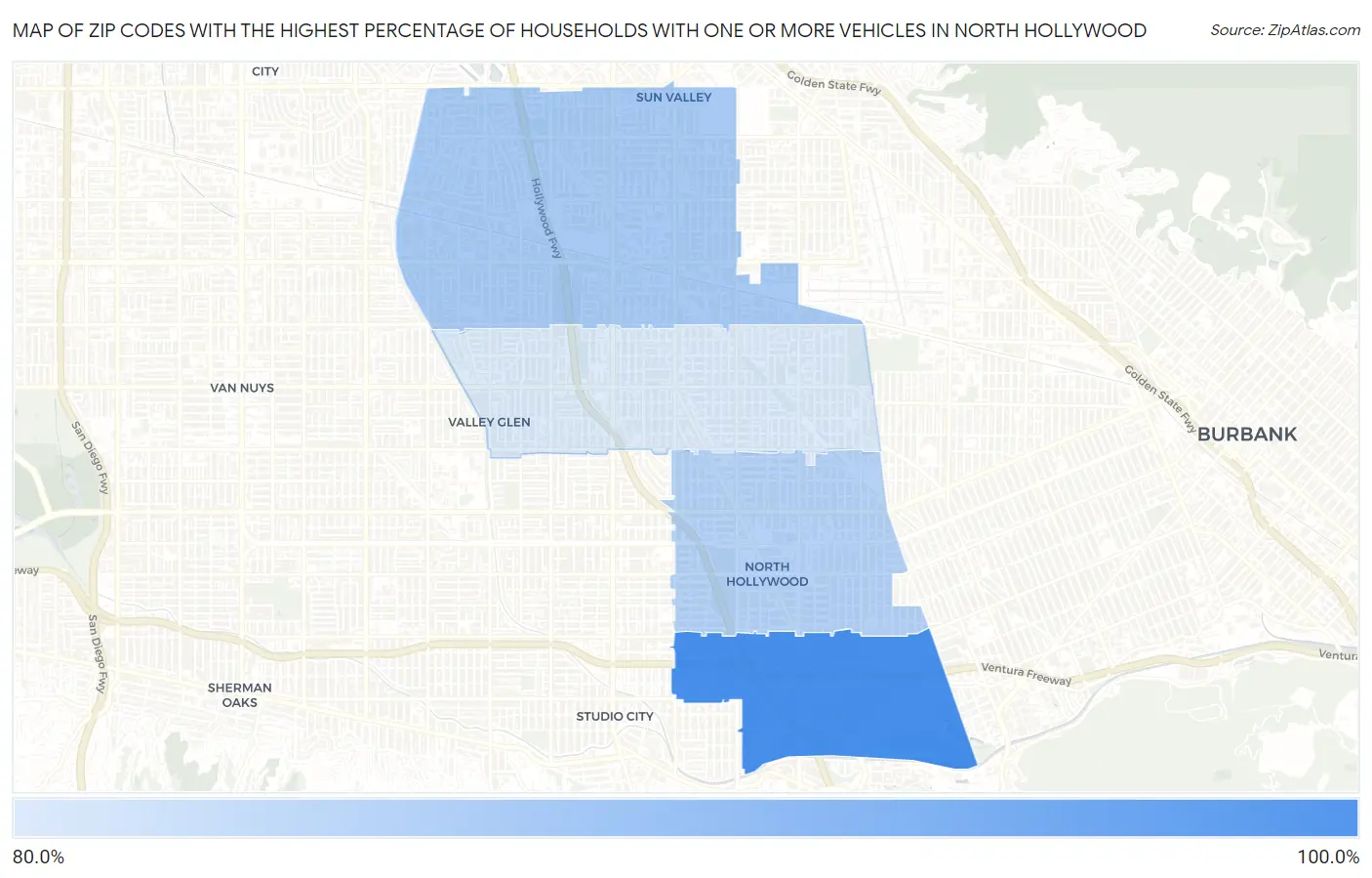 Zip Codes with the Highest Percentage of Households With One or more Vehicles in North Hollywood Map