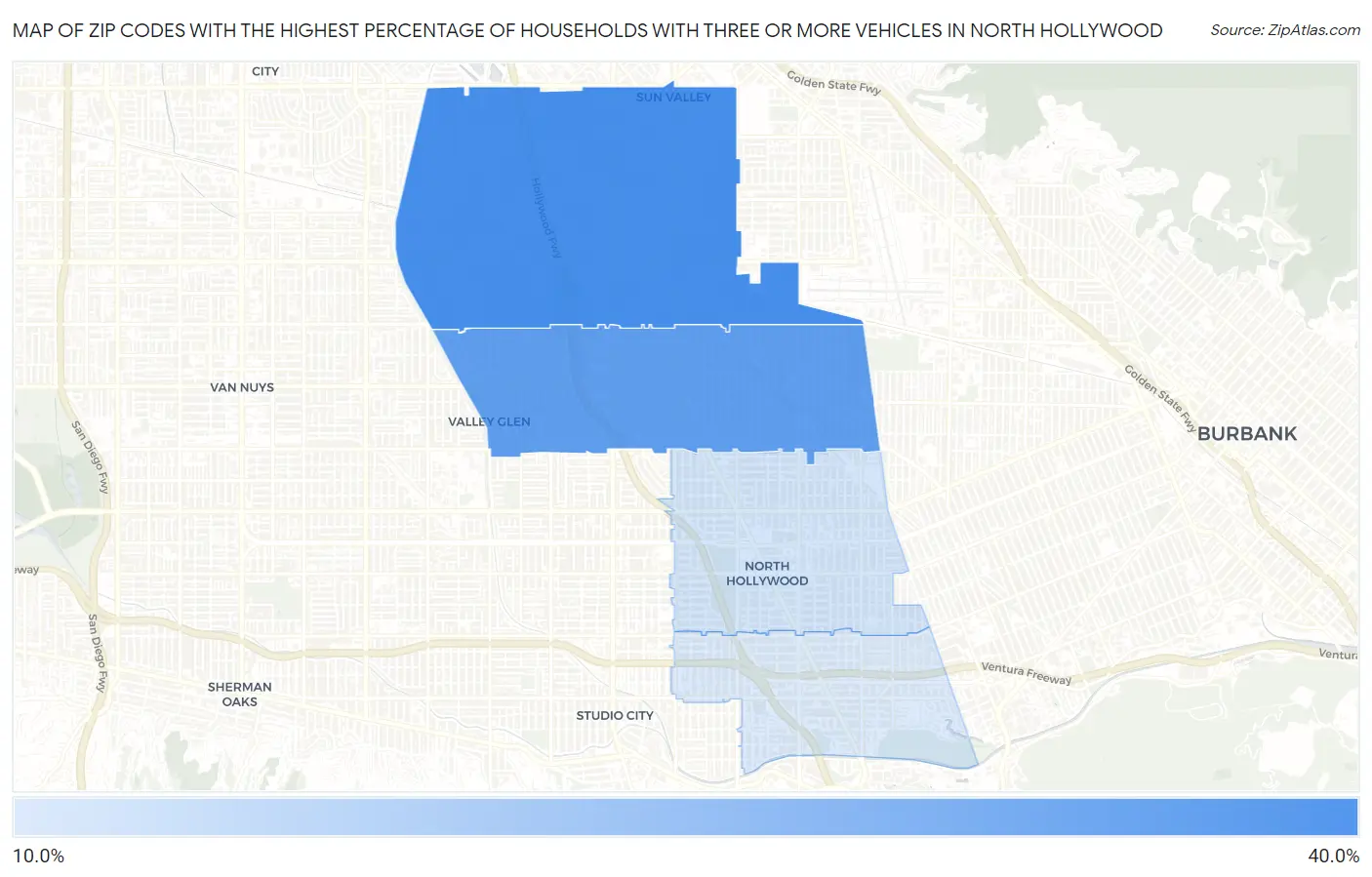 Zip Codes with the Highest Percentage of Households With Three or more Vehicles in North Hollywood Map