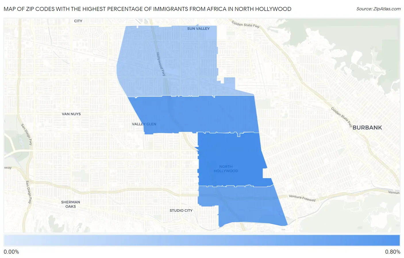 Zip Codes with the Highest Percentage of Immigrants from Africa in North Hollywood Map