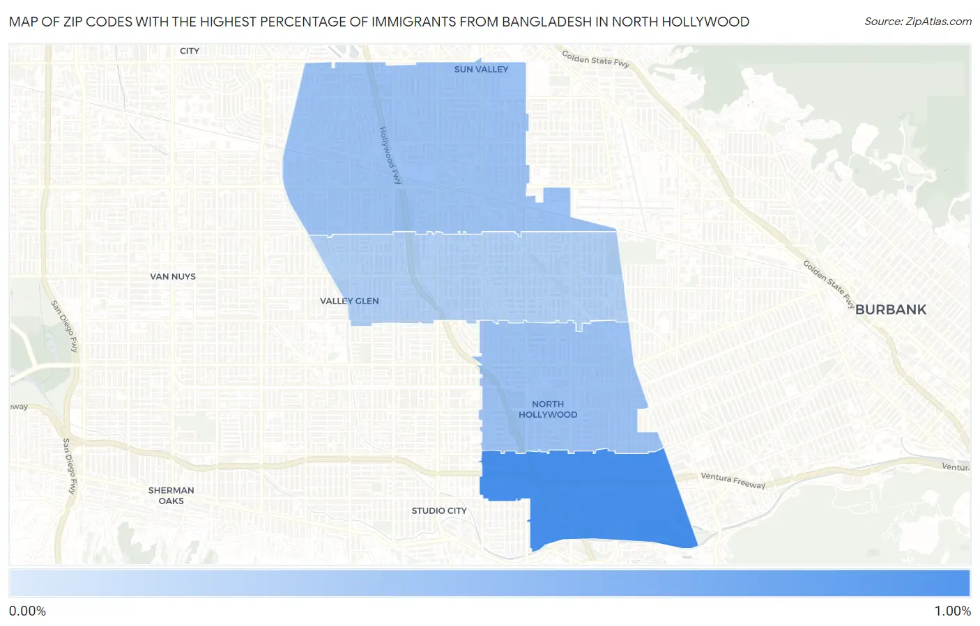 Zip Codes with the Highest Percentage of Immigrants from Bangladesh in North Hollywood Map