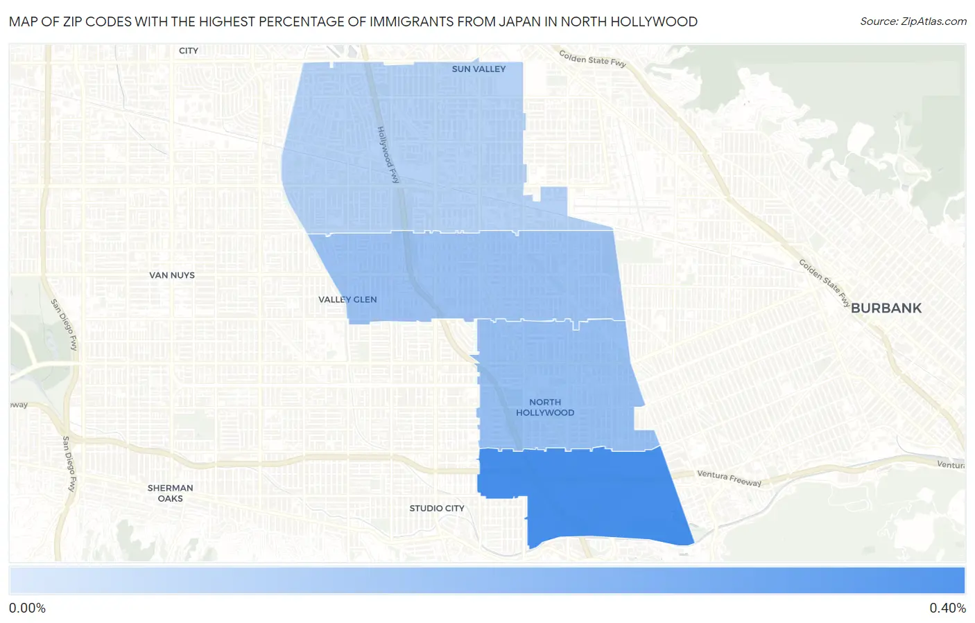 Zip Codes with the Highest Percentage of Immigrants from Japan in North Hollywood Map