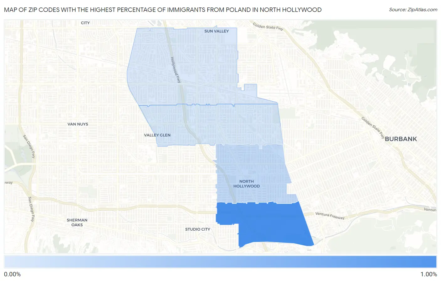 Zip Codes with the Highest Percentage of Immigrants from Poland in North Hollywood Map