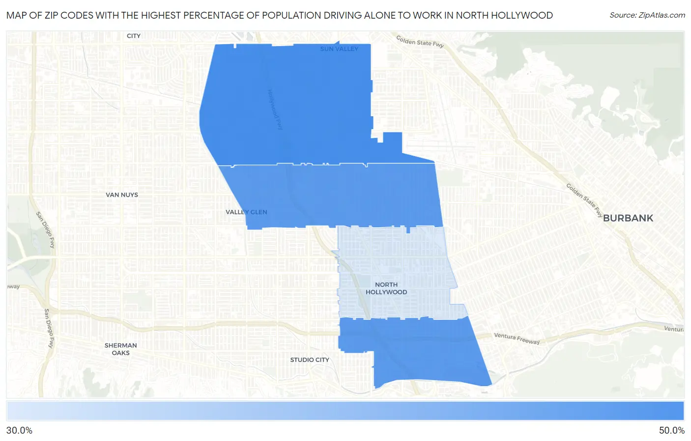 Zip Codes with the Highest Percentage of Population Driving Alone to Work in North Hollywood Map
