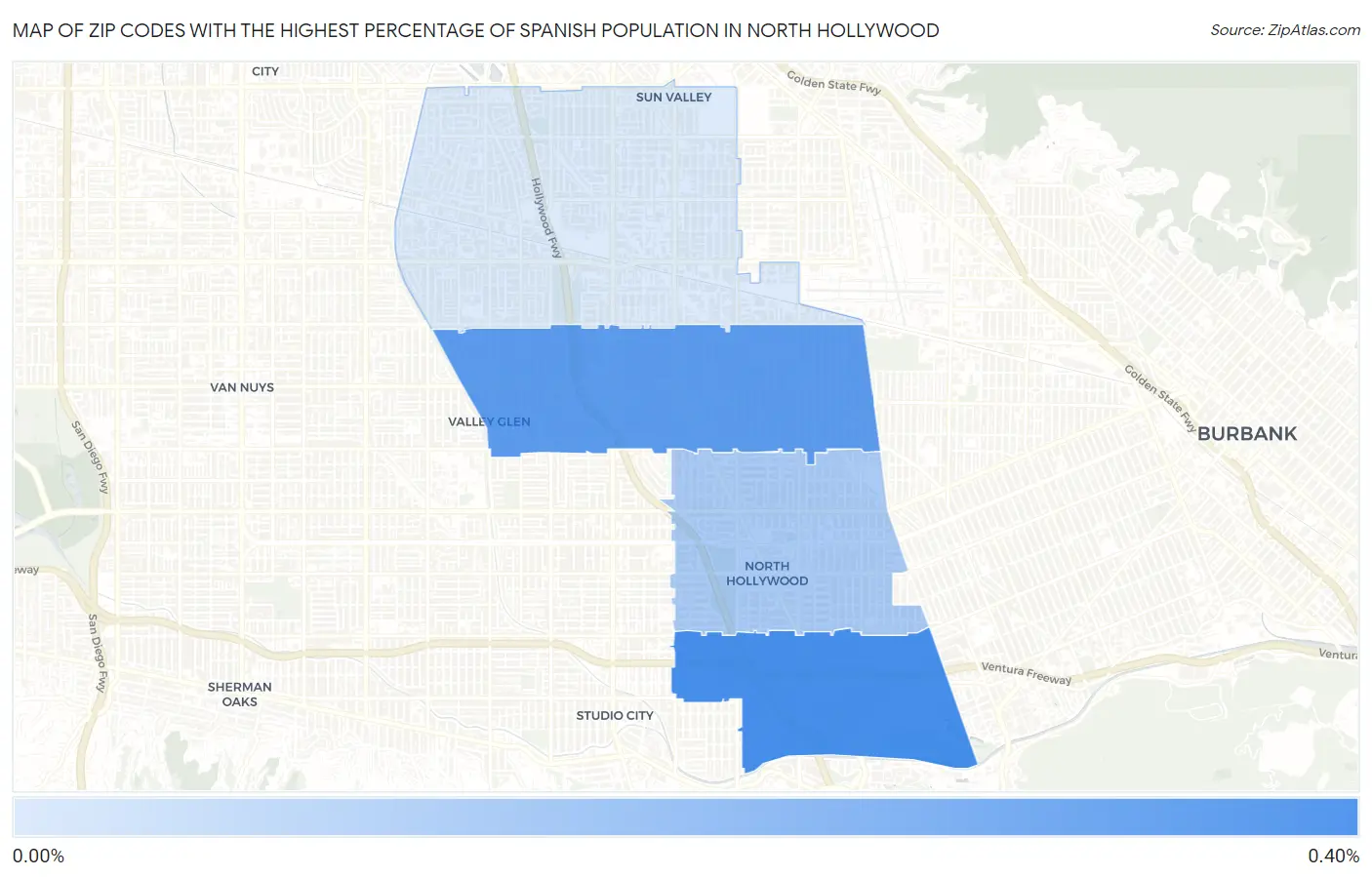 Zip Codes with the Highest Percentage of Spanish Population in North Hollywood Map