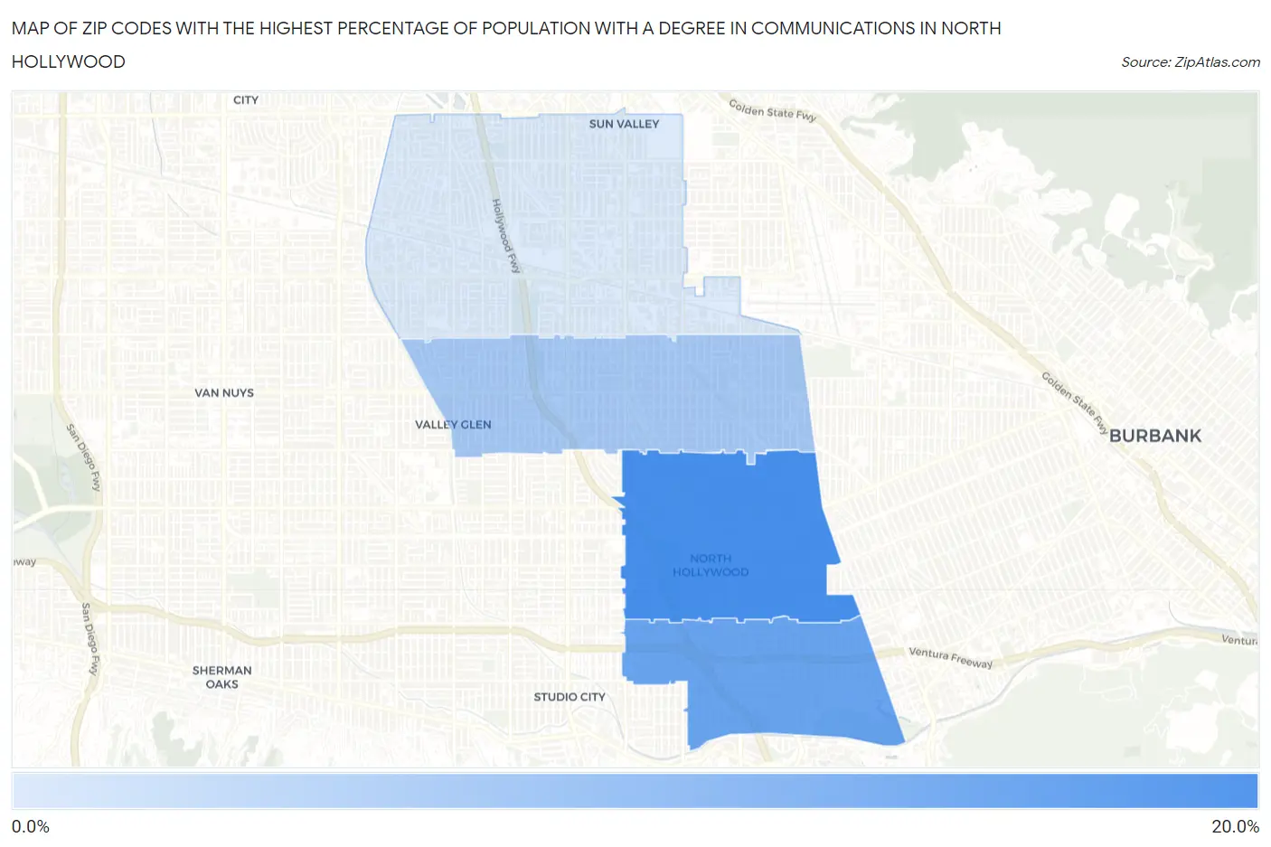 Zip Codes with the Highest Percentage of Population with a Degree in Communications in North Hollywood Map