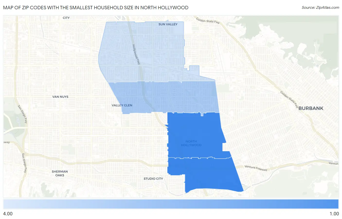 Zip Codes with the Smallest Household Size in North Hollywood Map