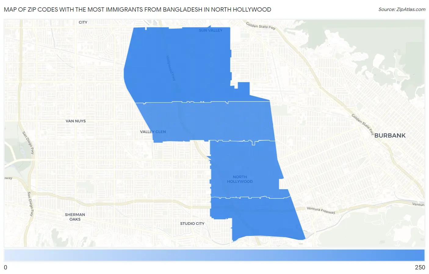 Zip Codes with the Most Immigrants from Bangladesh in North Hollywood Map