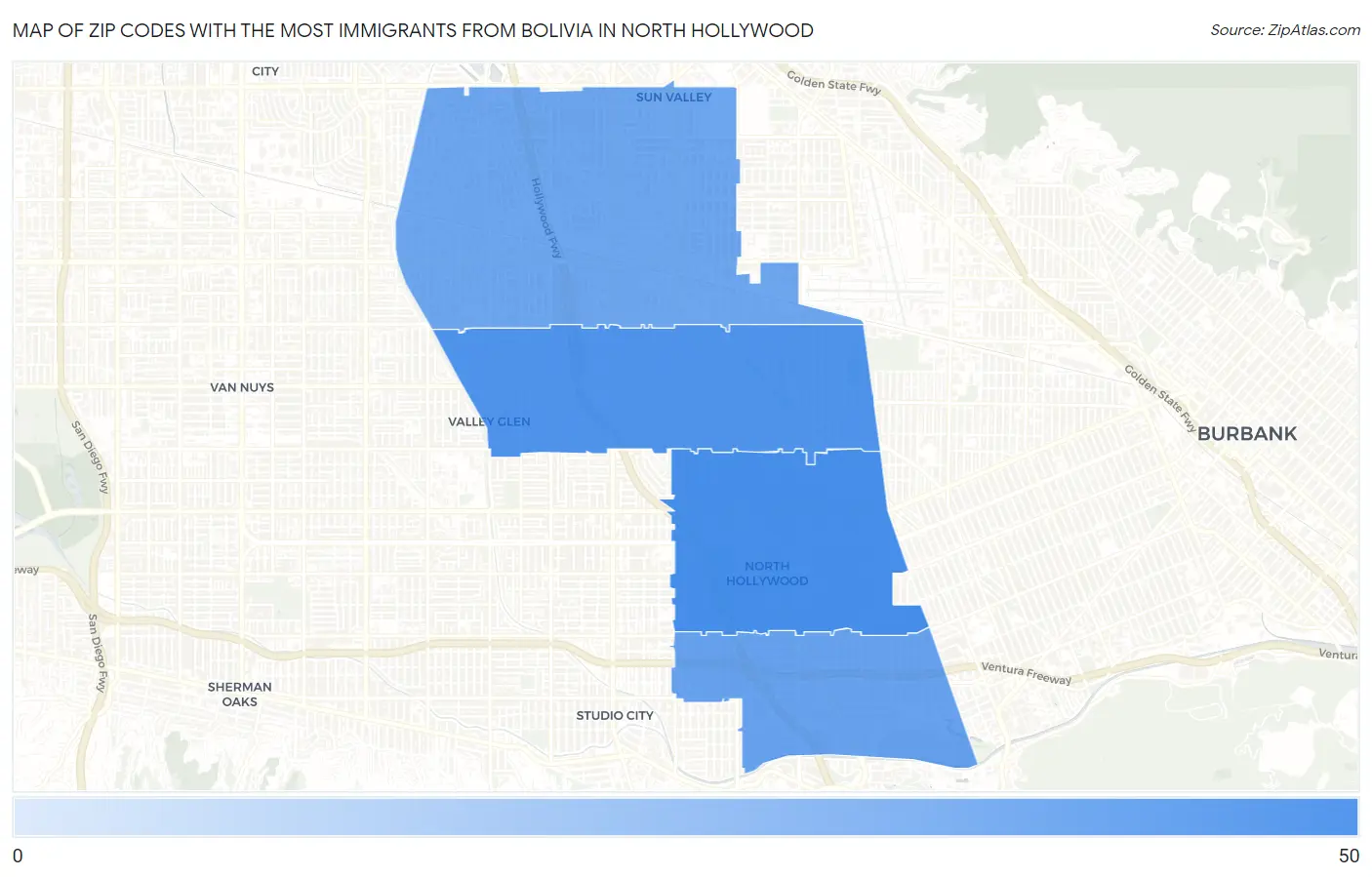 Zip Codes with the Most Immigrants from Bolivia in North Hollywood Map