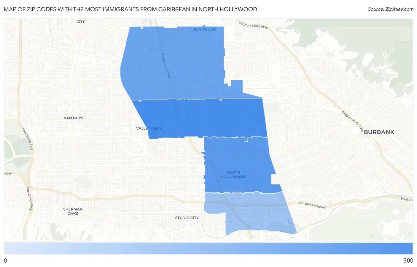 Zip Codes with the Most Immigrants from Caribbean in North Hollywood Map