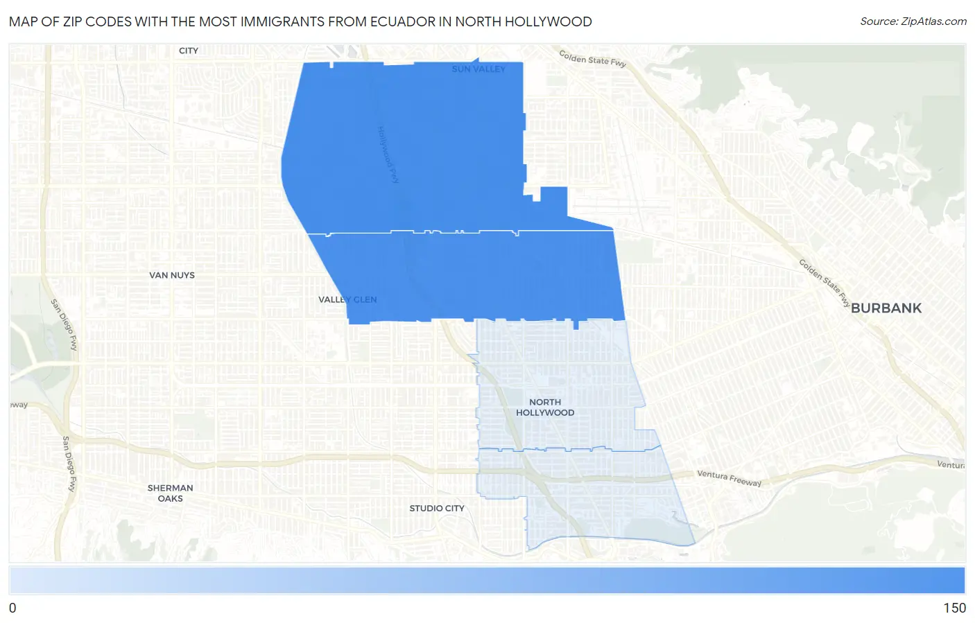 Zip Codes with the Most Immigrants from Ecuador in North Hollywood Map