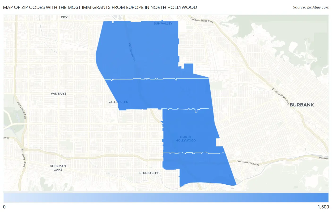 Zip Codes with the Most Immigrants from Europe in North Hollywood Map