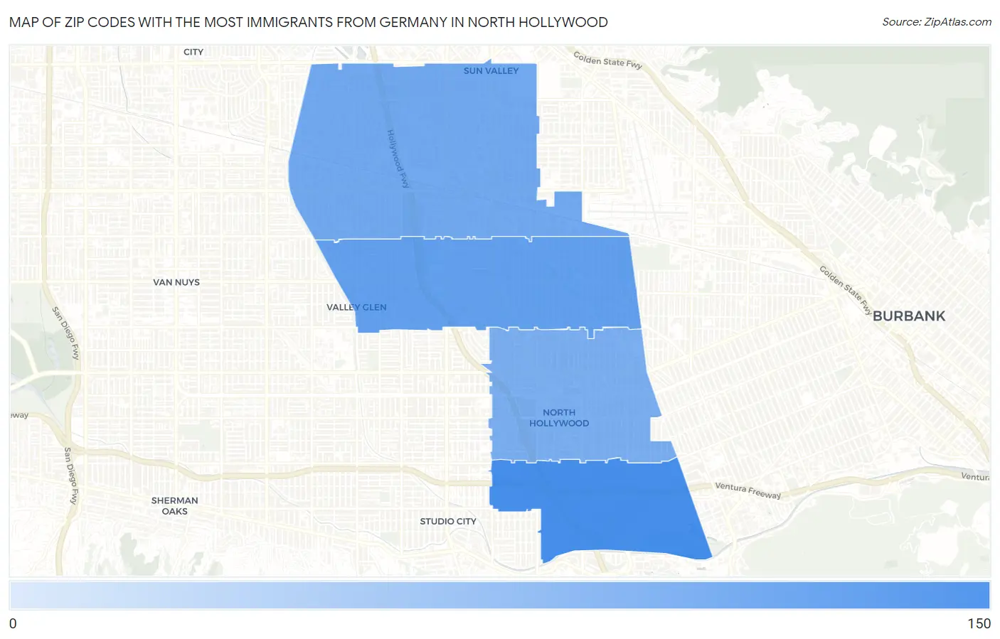 Zip Codes with the Most Immigrants from Germany in North Hollywood Map