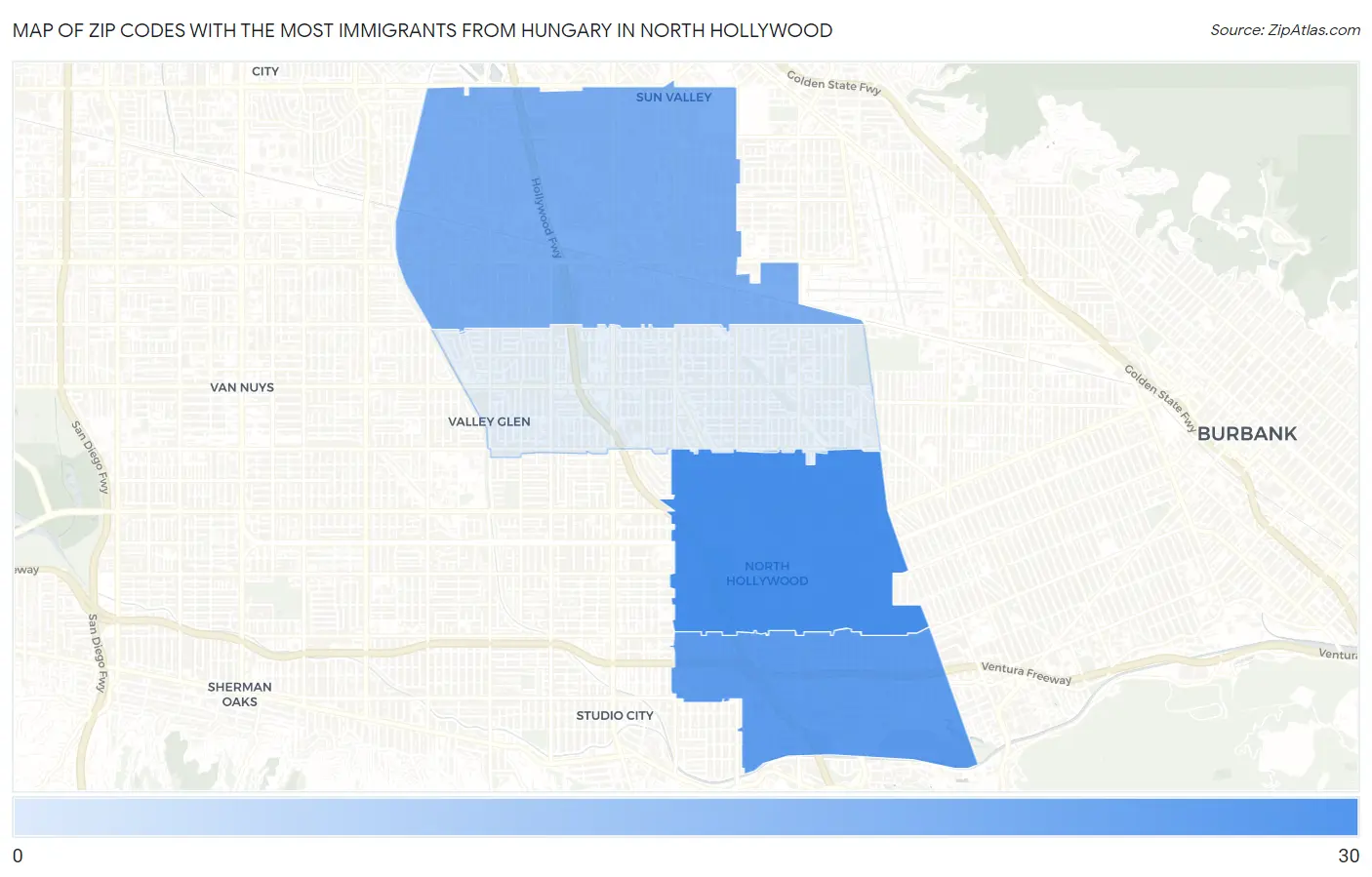 Zip Codes with the Most Immigrants from Hungary in North Hollywood Map