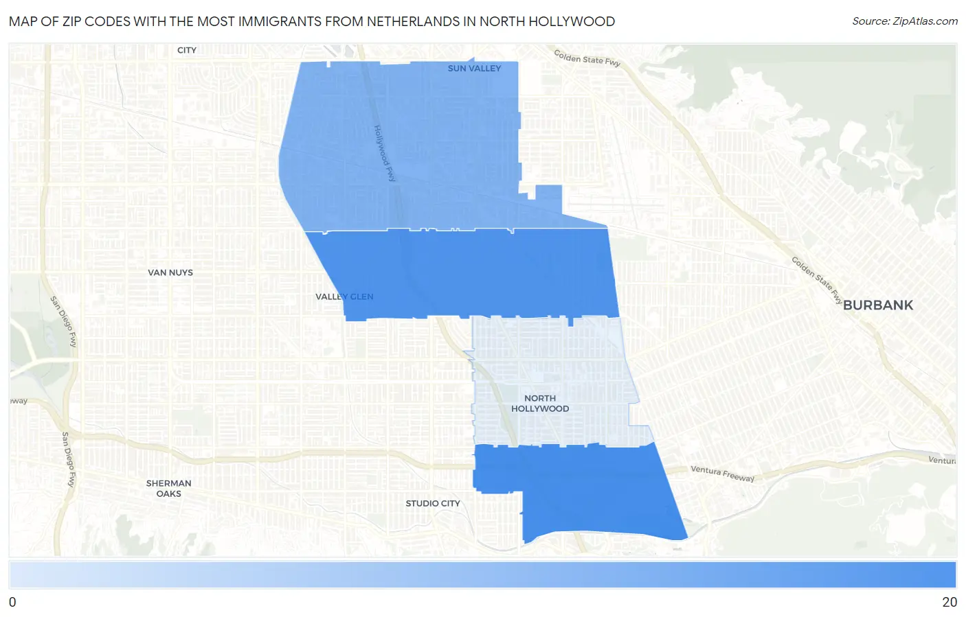 Zip Codes with the Most Immigrants from Netherlands in North Hollywood Map
