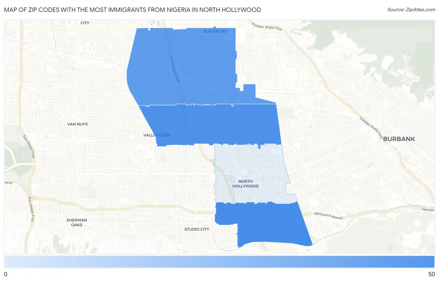 Zip Codes with the Most Immigrants from Nigeria in North Hollywood Map