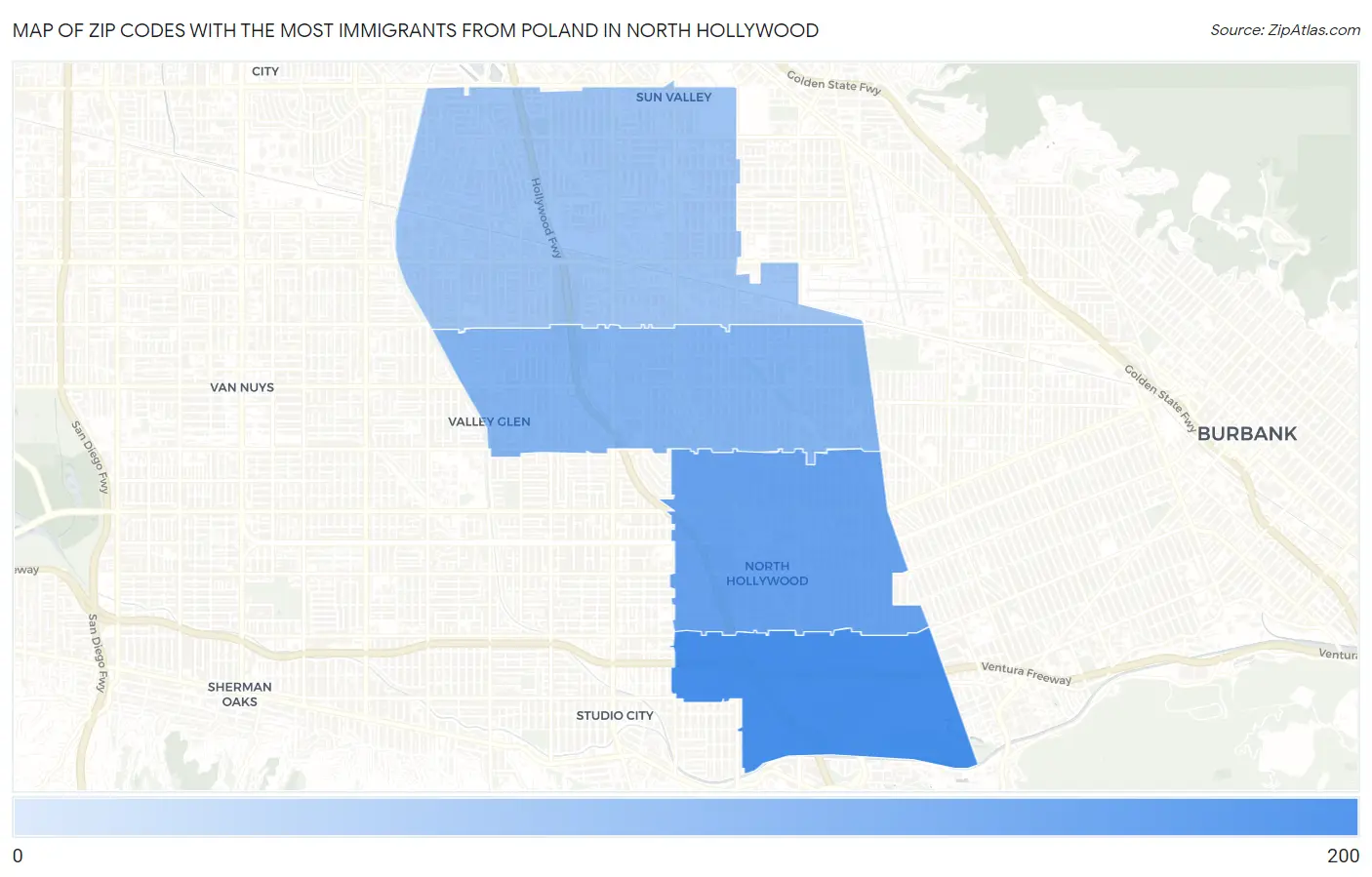 Zip Codes with the Most Immigrants from Poland in North Hollywood Map