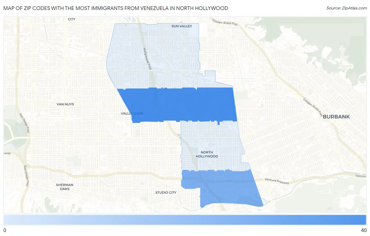 Zip Codes with the Most Immigrants from Venezuela in North Hollywood Map