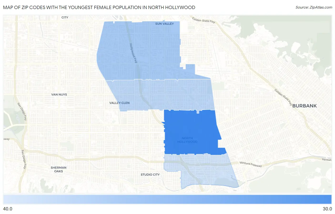 Zip Codes with the Youngest Female Population in North Hollywood Map