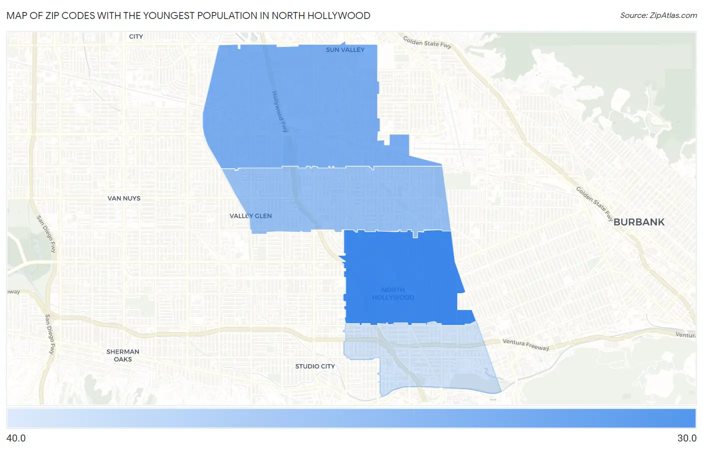 Zip Codes with the Youngest Population in North Hollywood Map