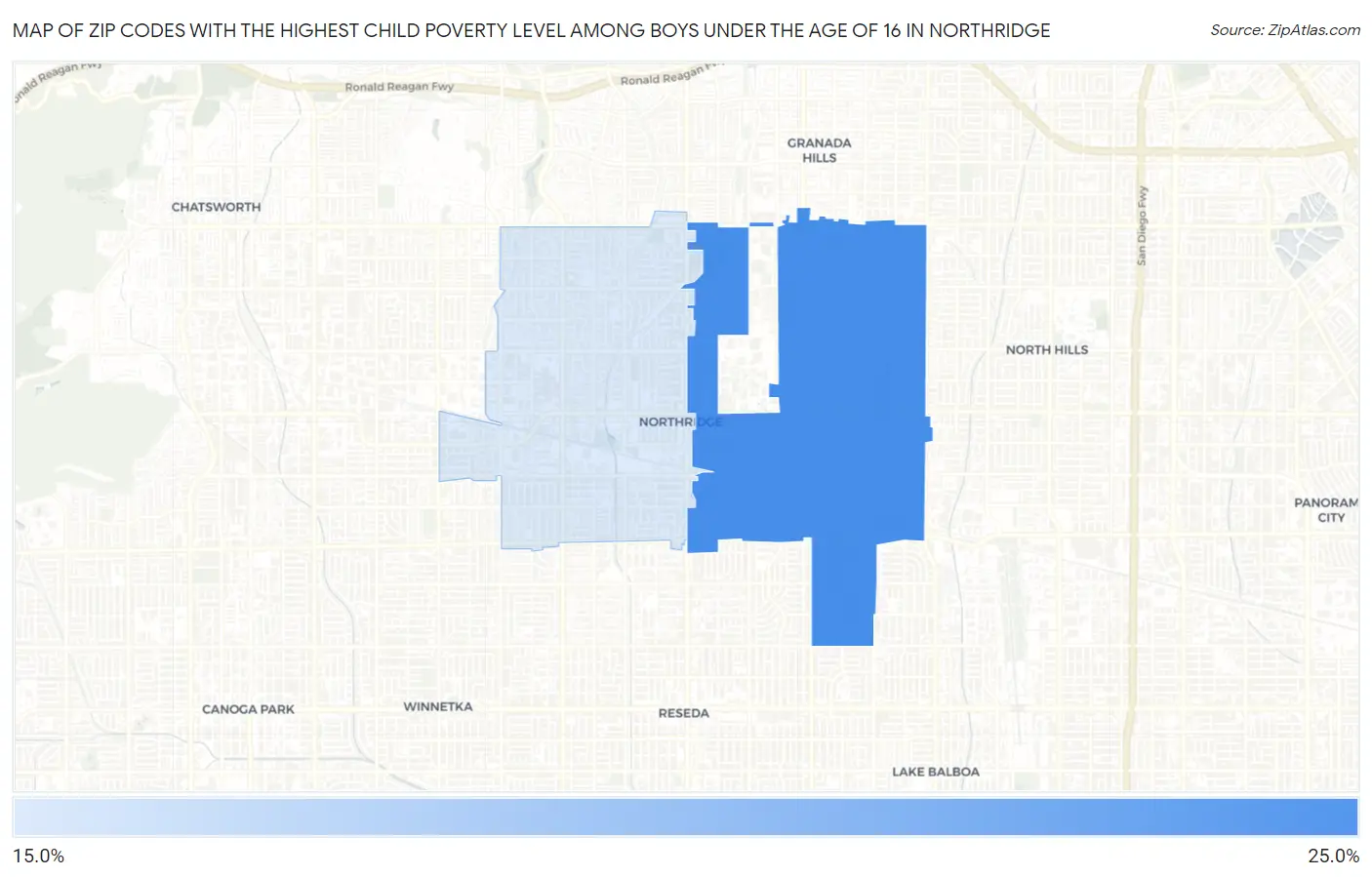 Zip Codes with the Highest Child Poverty Level Among Boys Under the Age of 16 in Northridge Map
