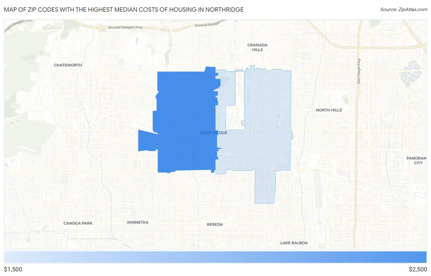 Zip Codes with the Highest Median Costs of Housing in Northridge Map
