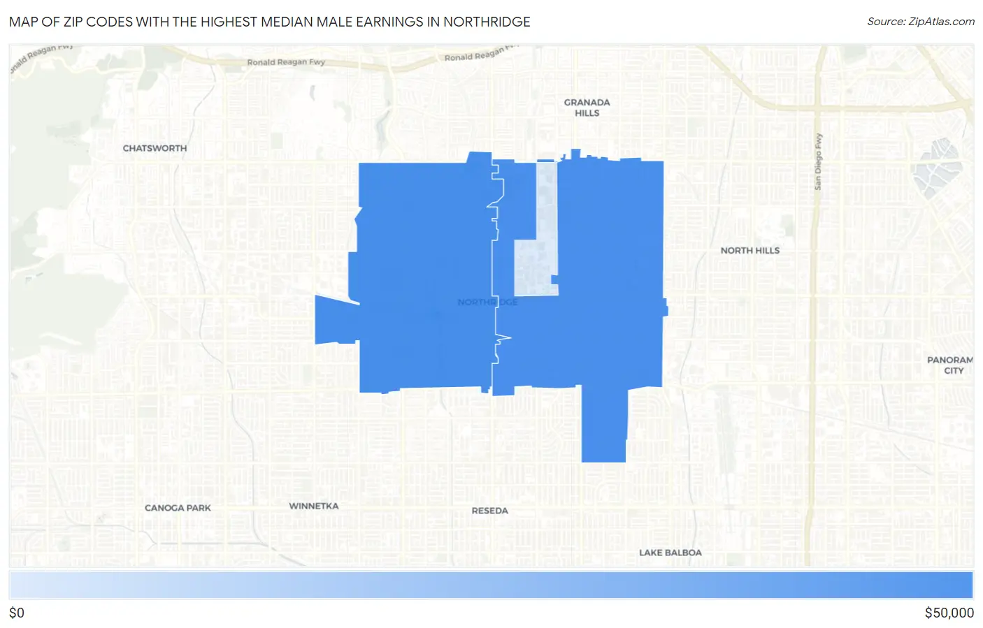Zip Codes with the Highest Median Male Earnings in Northridge Map