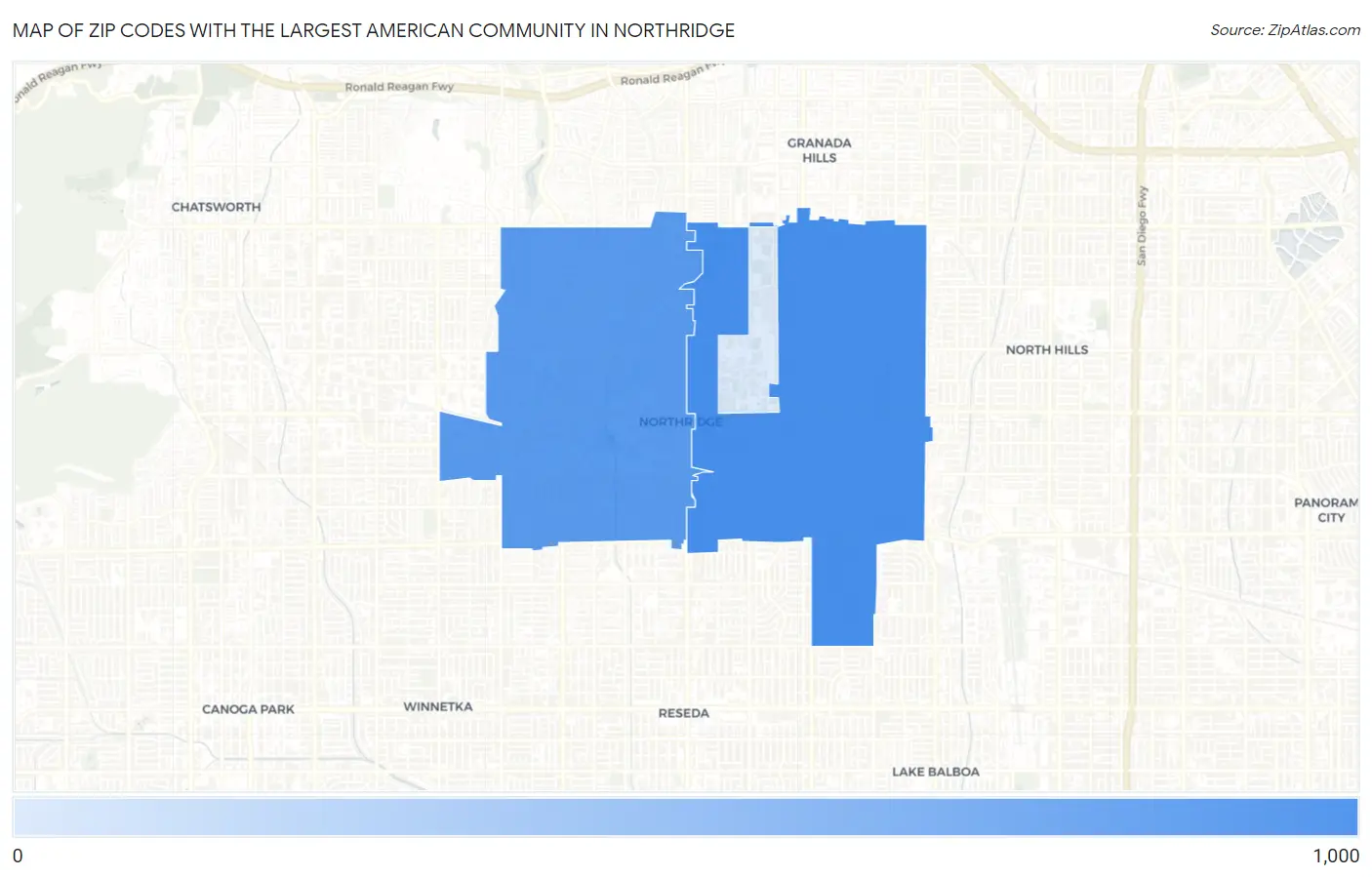 Zip Codes with the Largest American Community in Northridge Map