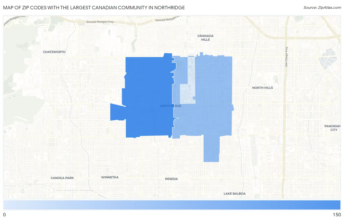 Zip Codes with the Largest Canadian Community in Northridge Map