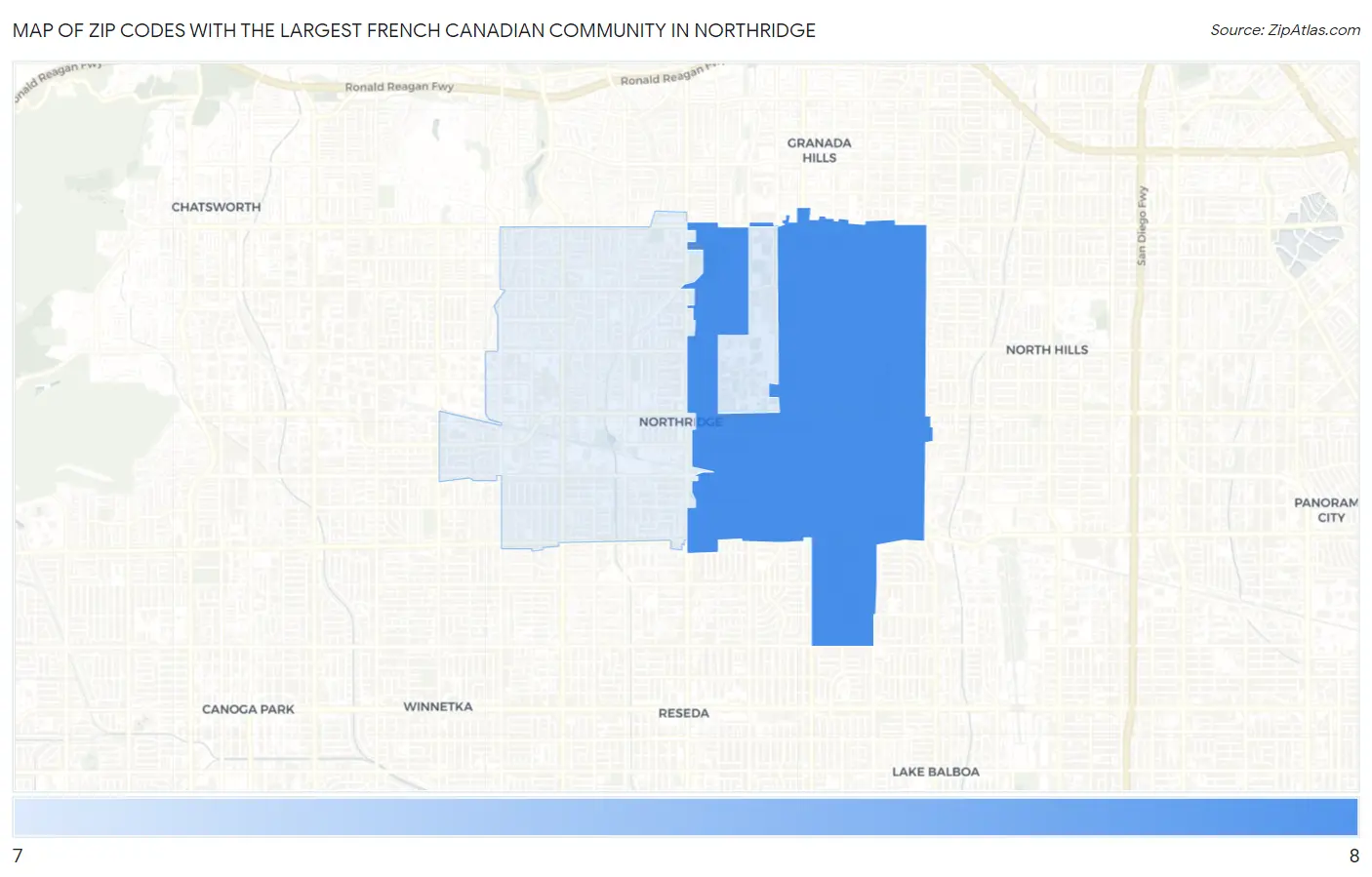 Zip Codes with the Largest French Canadian Community in Northridge Map