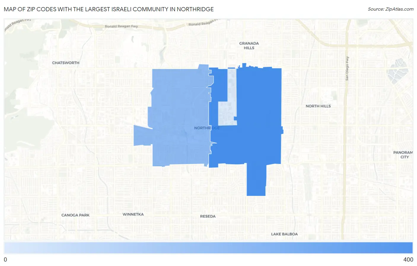 Zip Codes with the Largest Israeli Community in Northridge Map