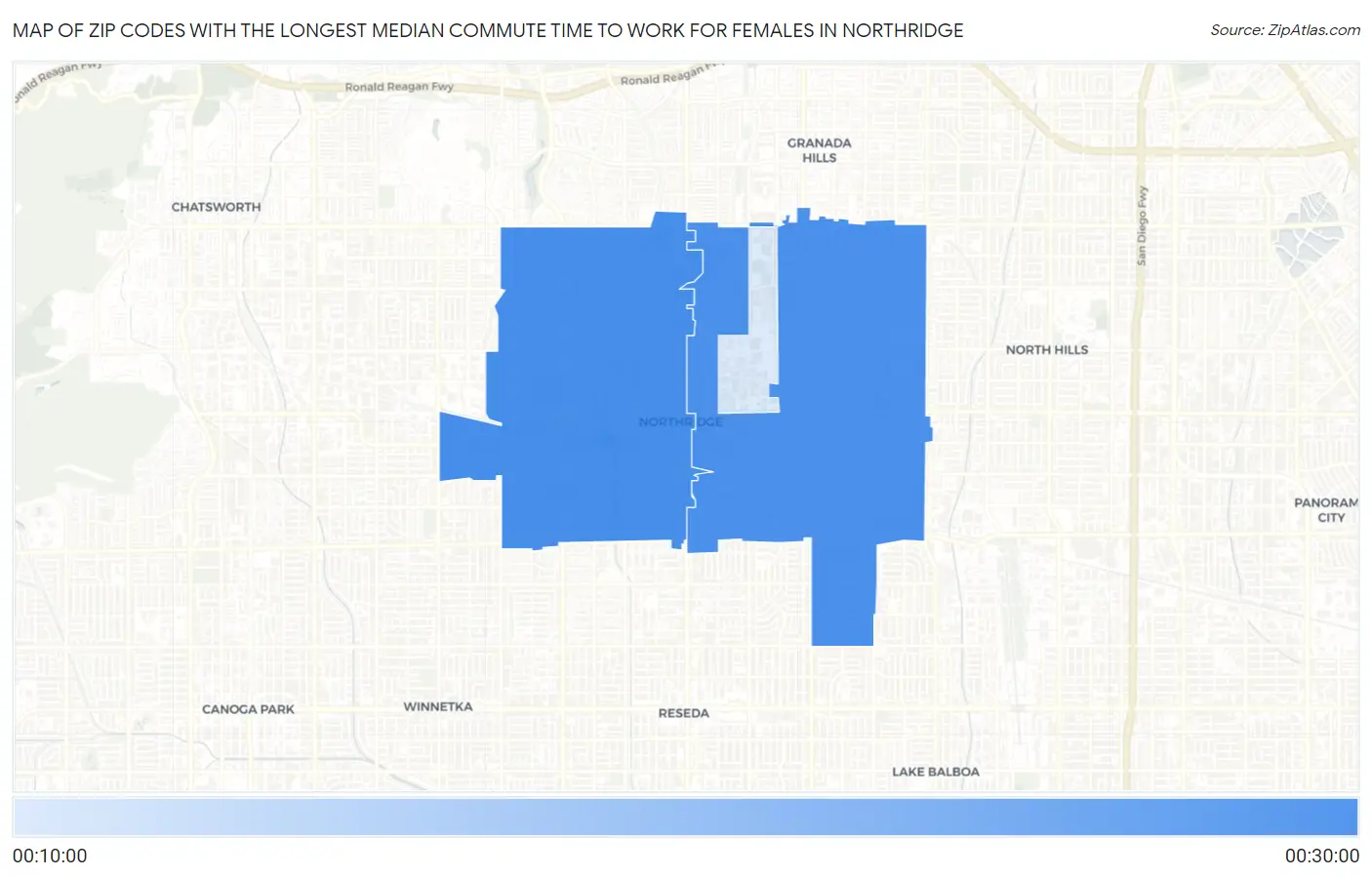 Zip Codes with the Longest Median Commute Time to Work for Females in Northridge Map
