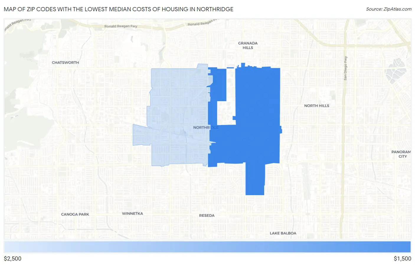 Zip Codes with the Lowest Median Costs of Housing in Northridge Map
