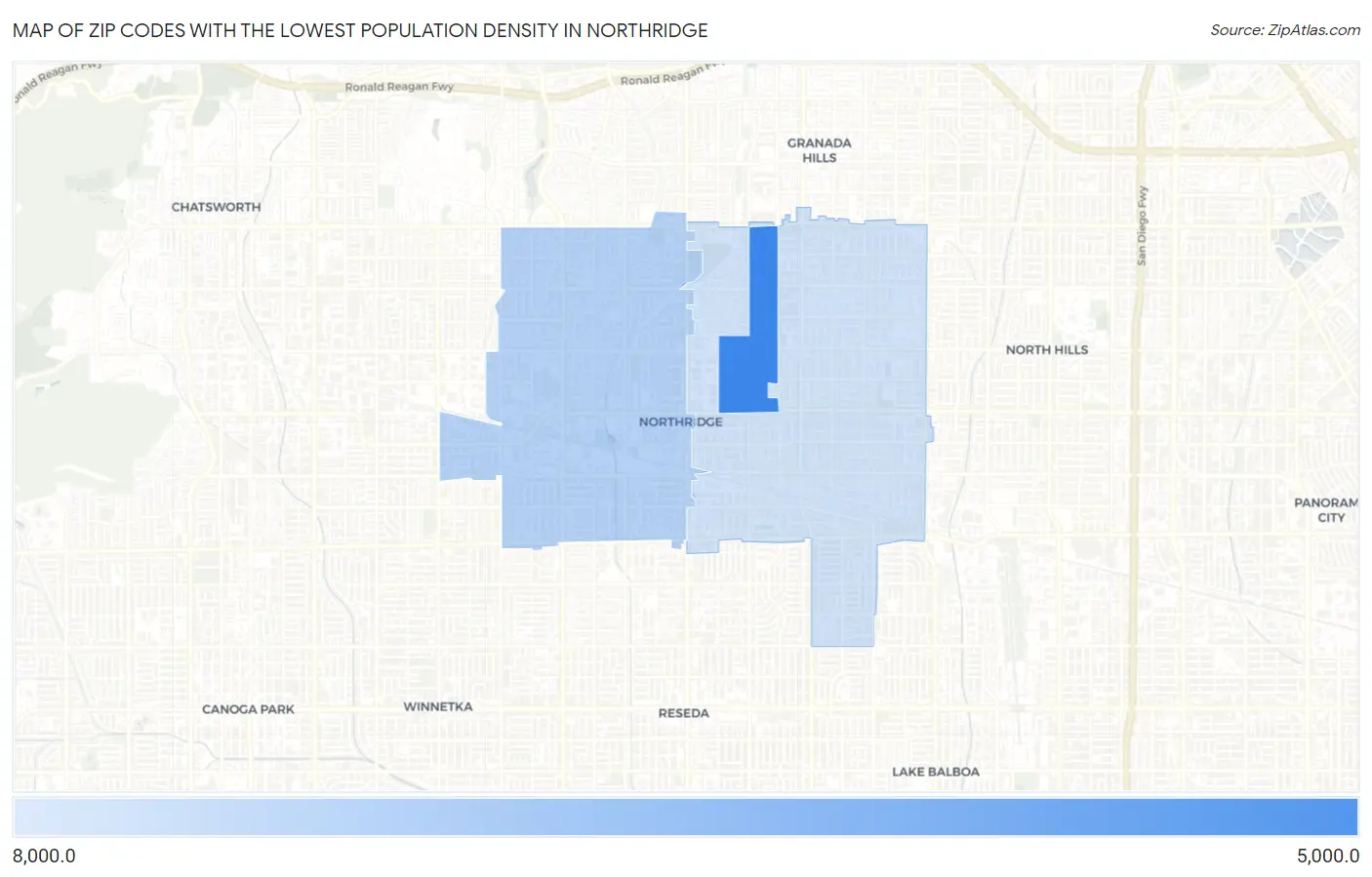 Zip Codes with the Lowest Population Density in Northridge Map