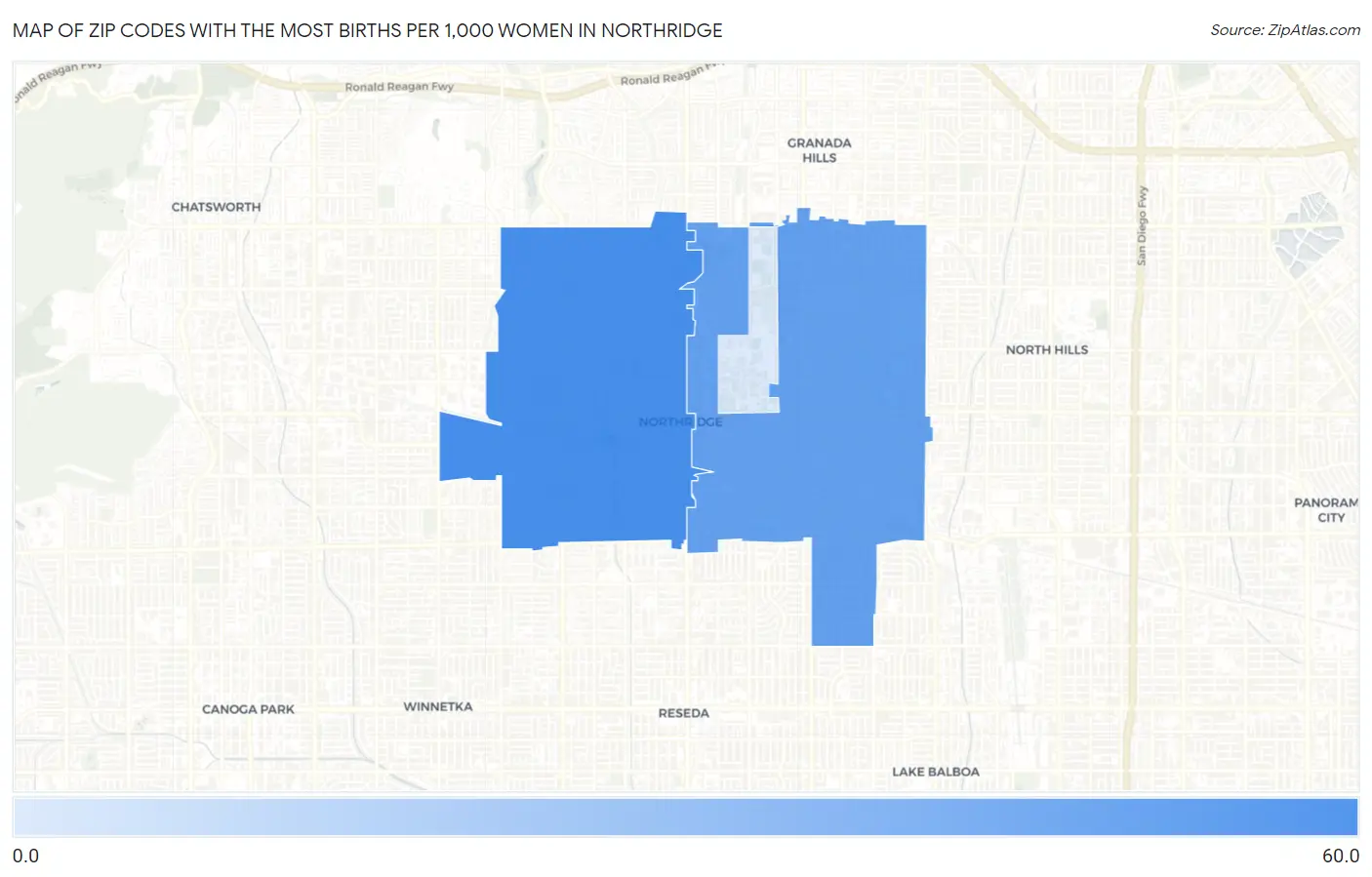 Zip Codes with the Most Births per 1,000 Women in Northridge Map