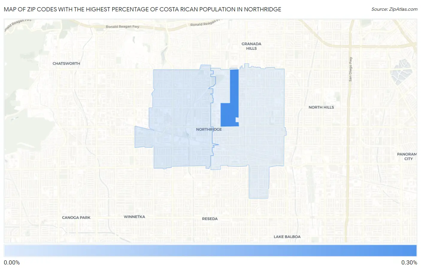 Zip Codes with the Highest Percentage of Costa Rican Population in Northridge Map