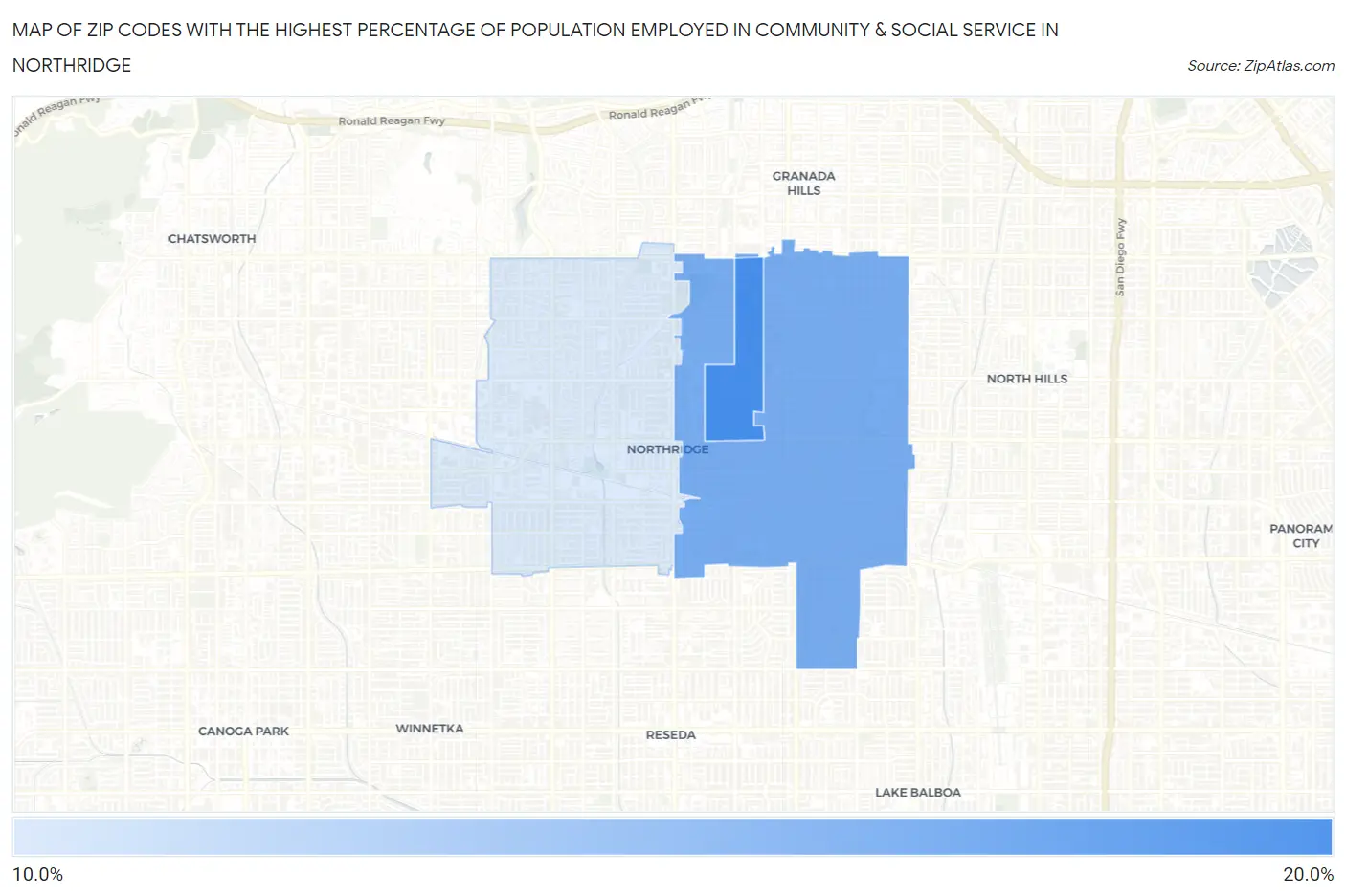 Zip Codes with the Highest Percentage of Population Employed in Community & Social Service  in Northridge Map