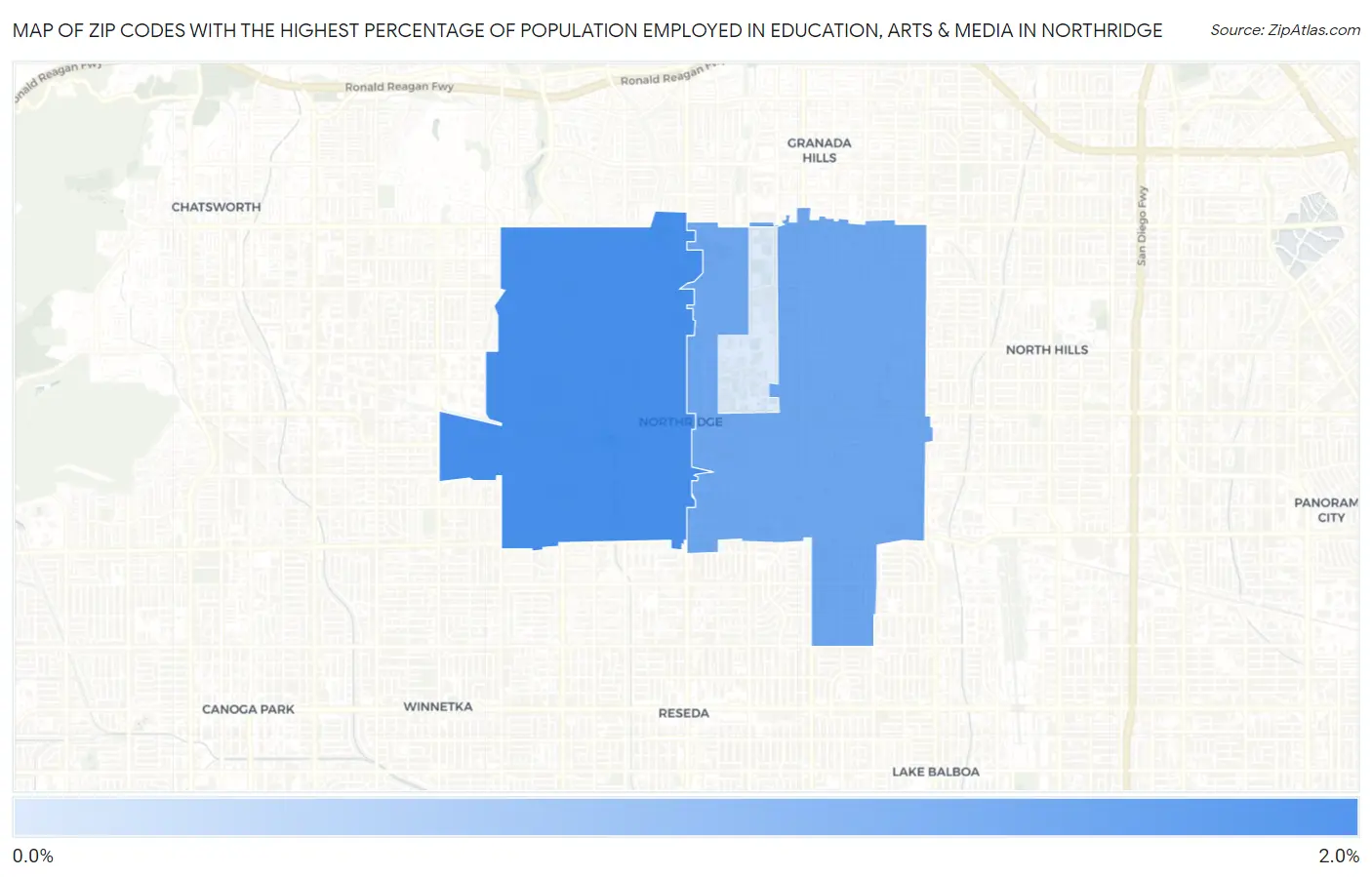 Zip Codes with the Highest Percentage of Population Employed in Education, Arts & Media in Northridge Map