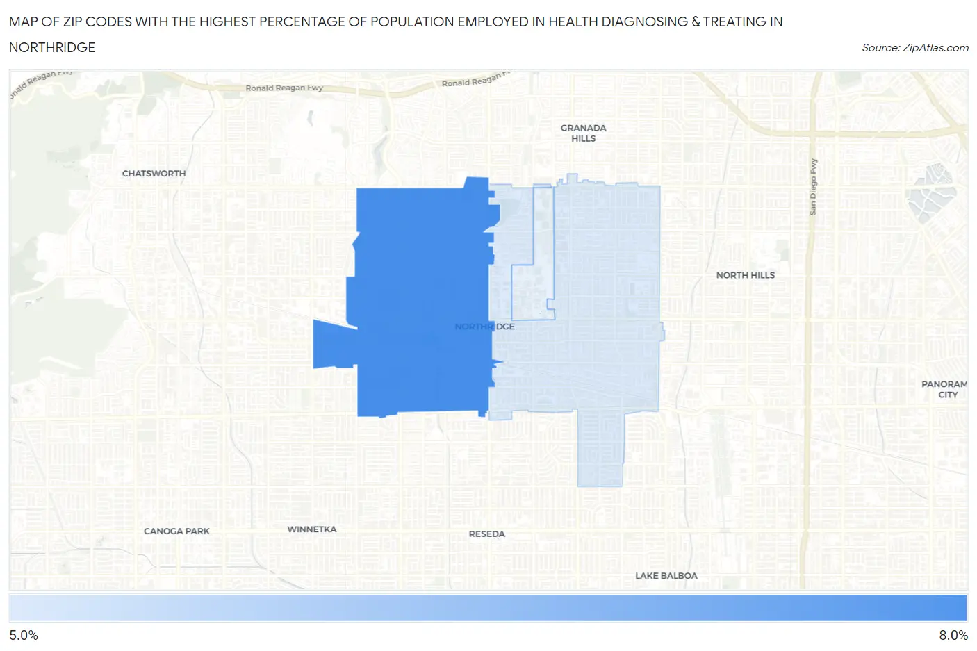 Zip Codes with the Highest Percentage of Population Employed in Health Diagnosing & Treating in Northridge Map
