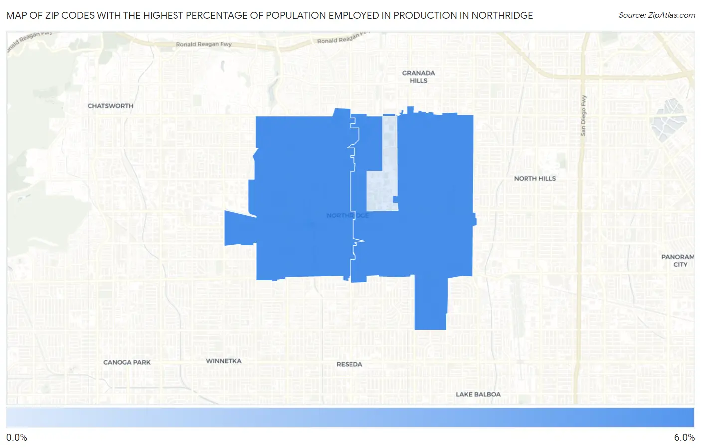Zip Codes with the Highest Percentage of Population Employed in Production in Northridge Map